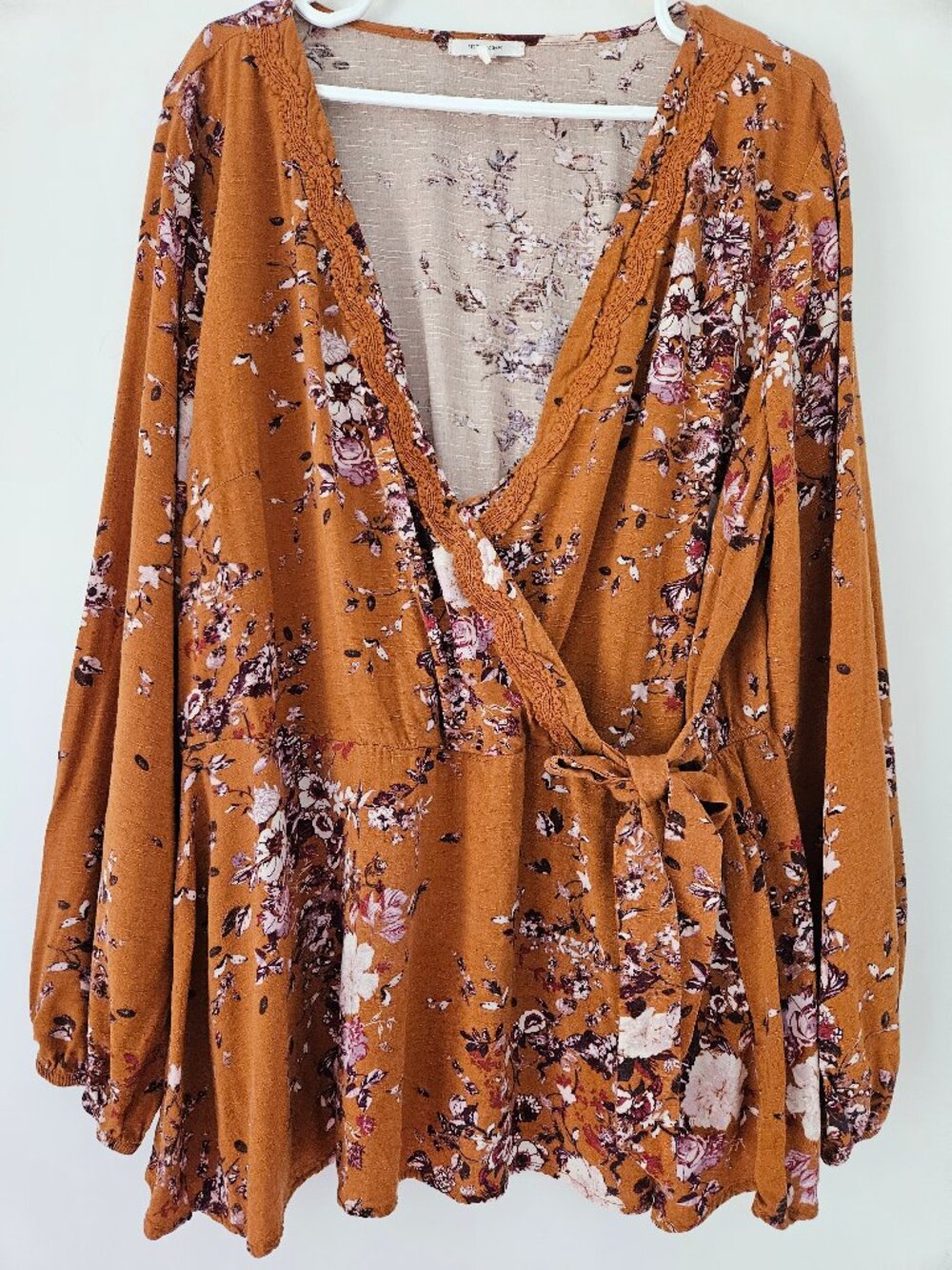 Maurices Rust Orange Floral Long Sleeve Faux Wrap, Women's Size X